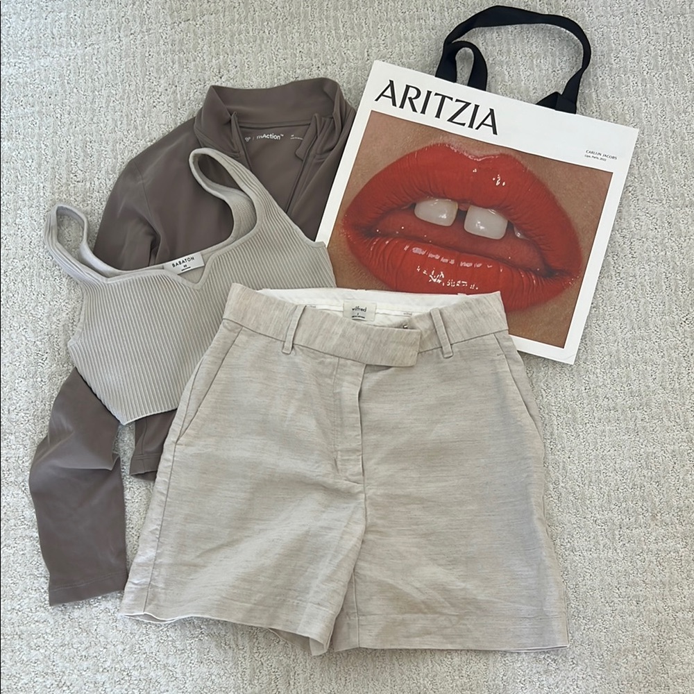 Aritzia 3-piece set: Tan Tailored Shorts s2, Cropped Tank XS, Brown Jacket M